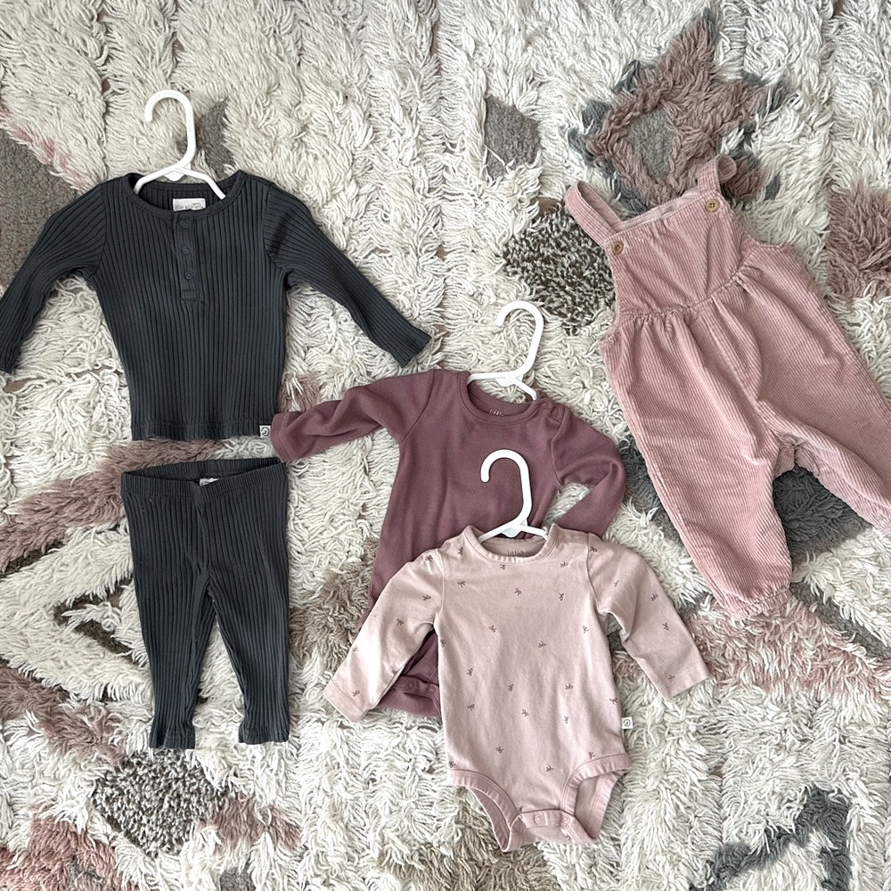 Lot of 4 Carter’s Little Planet Organic Cotton Pink Overalls, Bodysuits, and Set